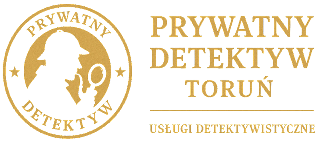 Logo Prywatny Detektyw Toruń — postać detektywa z lupą oraz złoty napis Usługi detektywistyczne